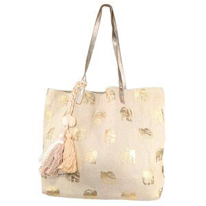 Shiraleah Large Canvas Metallic Gold Leather Gilded Elephant Tote w/Bag Tassel